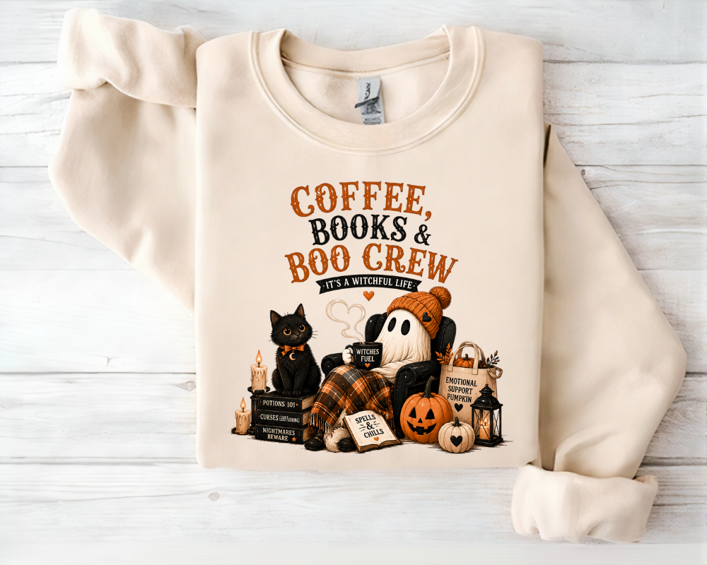 Coffee, Books & Boo Crew Sweatshirt, Cozy Halloween Ghost Hoodie, Cute Autumn Booklover Gift