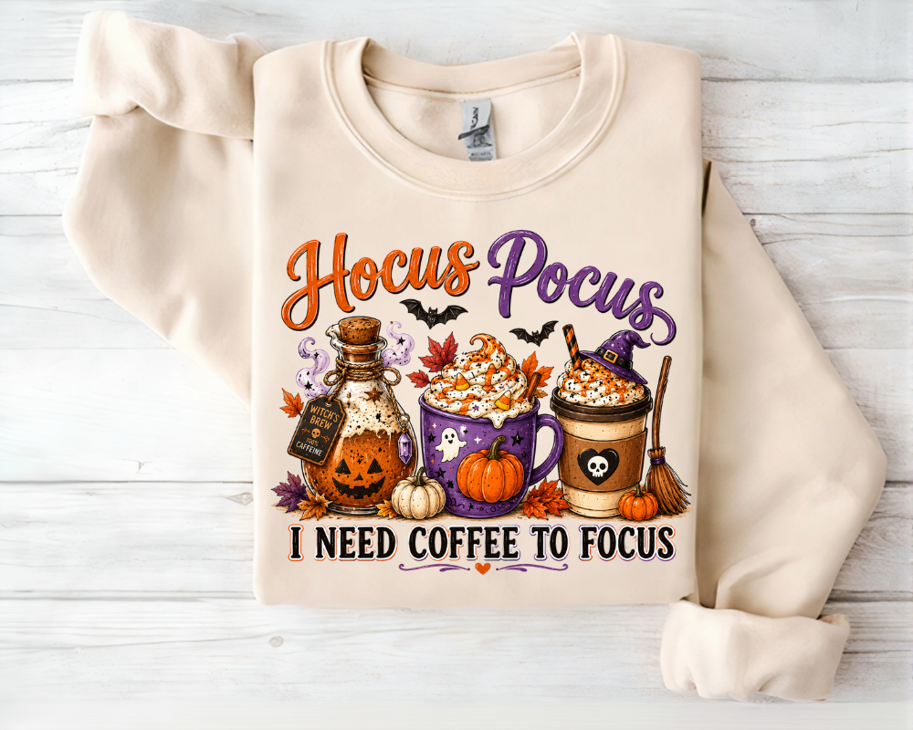 Hocus Pocus Sweatshirt, I Need Coffee To Focus Sweatshirt, Halloween Coffee Shirt, Witch Coffee Lover Graphic Crewneck, Pumpkin Spice Fall Sweatshirt, Gift for Women