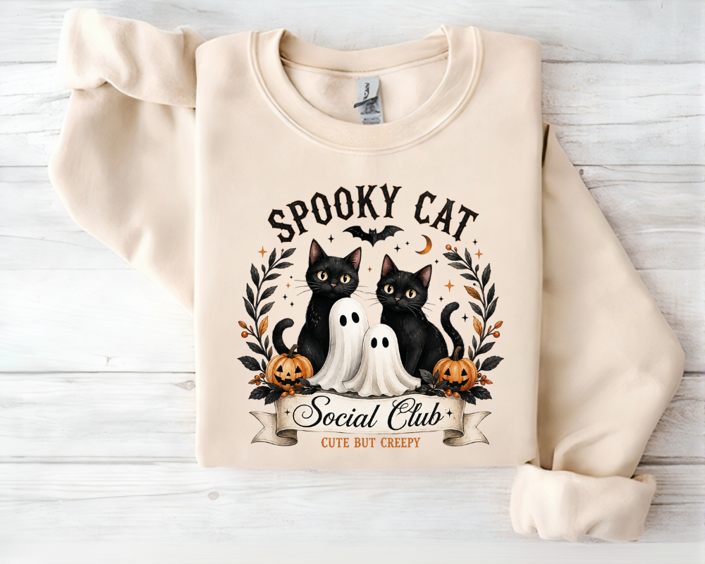 Spooky Cat Social Club Halloween Sweatshirt, Ghost Cat Crewneck, Gift for Cat Lovers