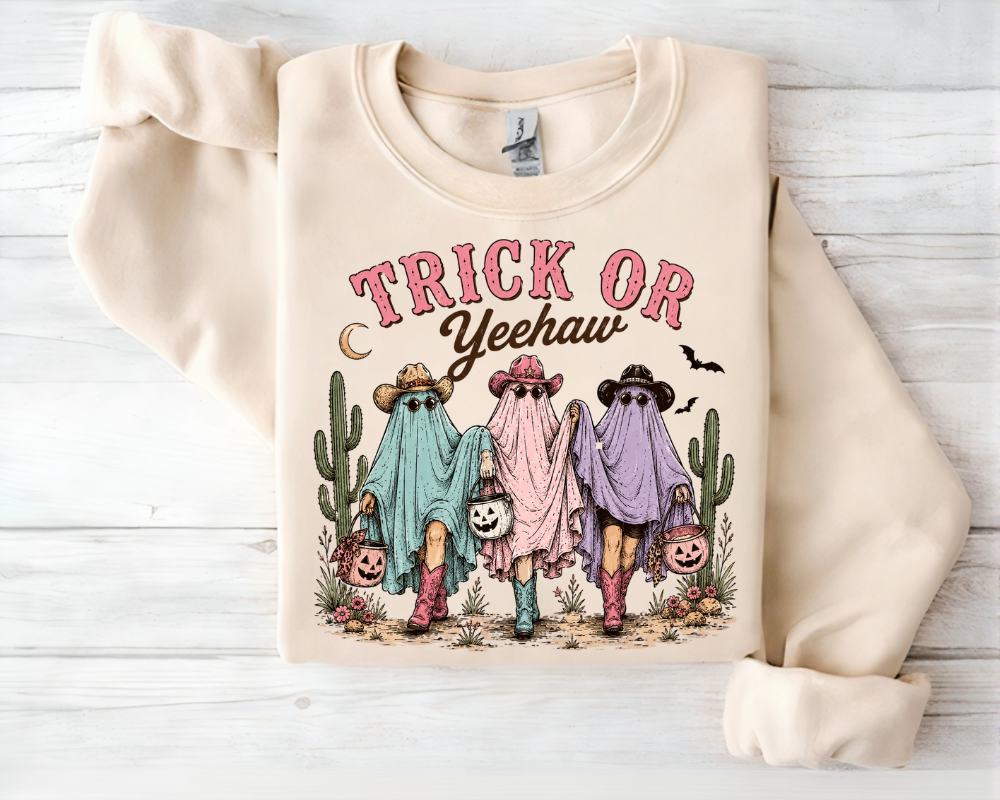 Trick Or Yeehaw Sweatshirt, Western Halloween Ghost Crewneck, Cowgirl Ghost Shirt, Country Fall Gift for Women