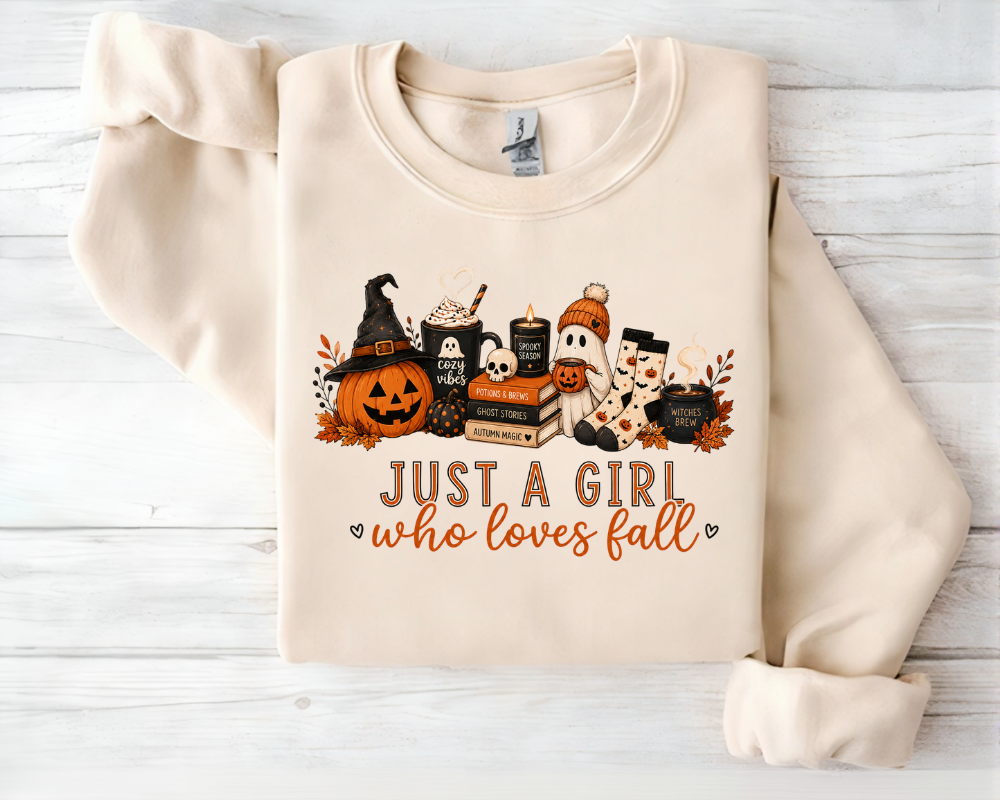 Just A Girl Who Loves Fall Sweatshirt, Cozy Halloween Pumpkin Crewneck, Cute Ghost Coffee Graphic Pullover, Autumn Lover Sweatshirt, Fall Gift for Women