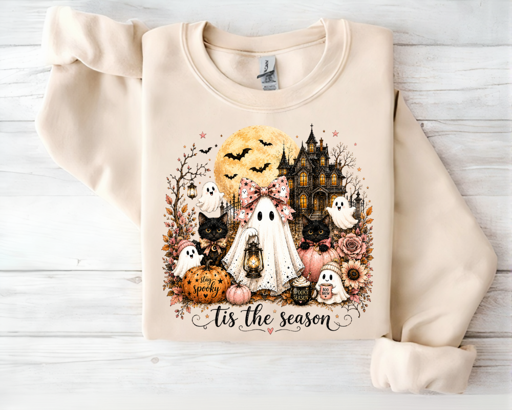 'Tis the Season - Haunted House Ghost Halloween Sweatshirt, Black Cat Shirt, Spooky Season Graphic Crewneck, Dark Halloween Gift