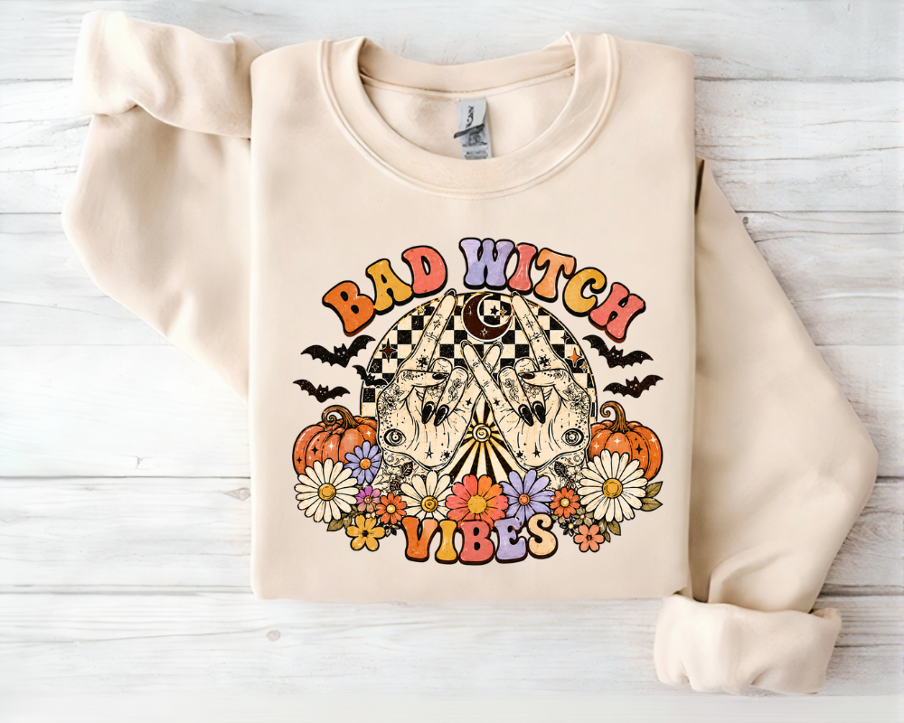 Bad Witch Vibes Halloween Sweatshirt, Retro Boho Witch Shirt, Spooky Season Crewneck, Vintage Witchy Fall Sweater