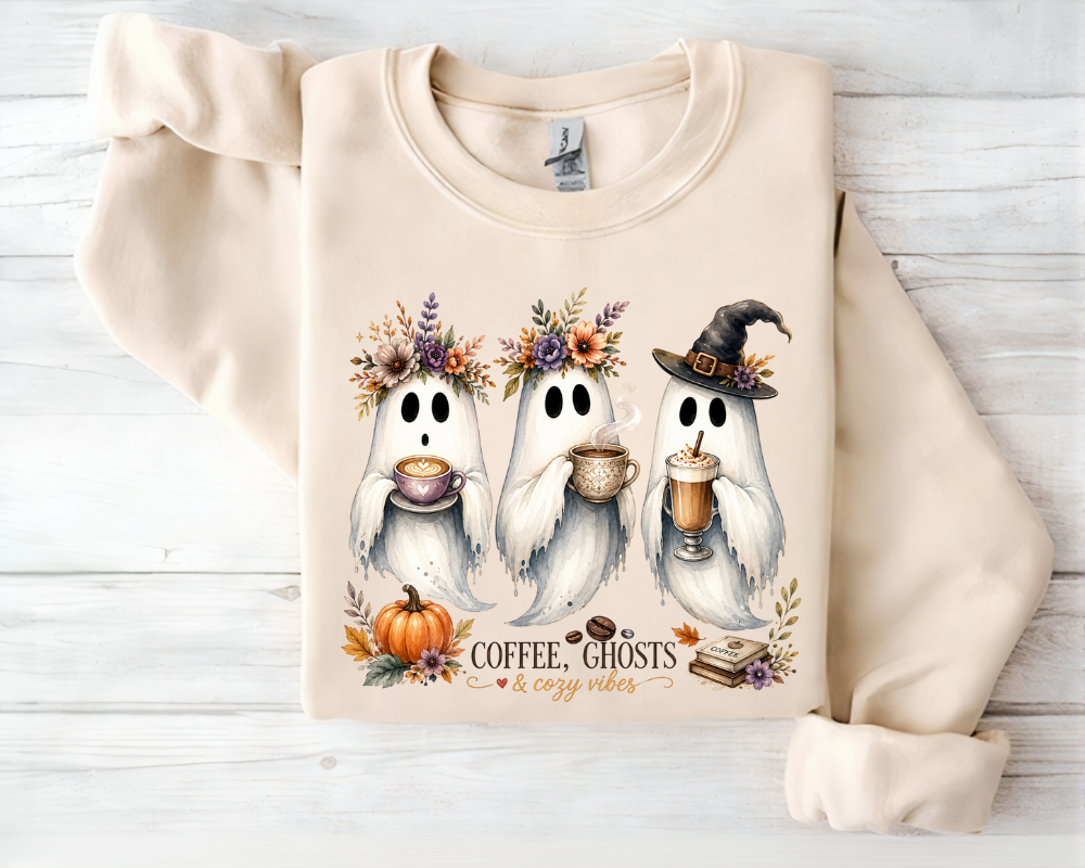 Cute Ghost Halloween Sweatshirt, Coffee Ghosts & Cozy Vibes Crewneck, Spooky Season Coffee Shirt, Fall Coffee Lover Gift