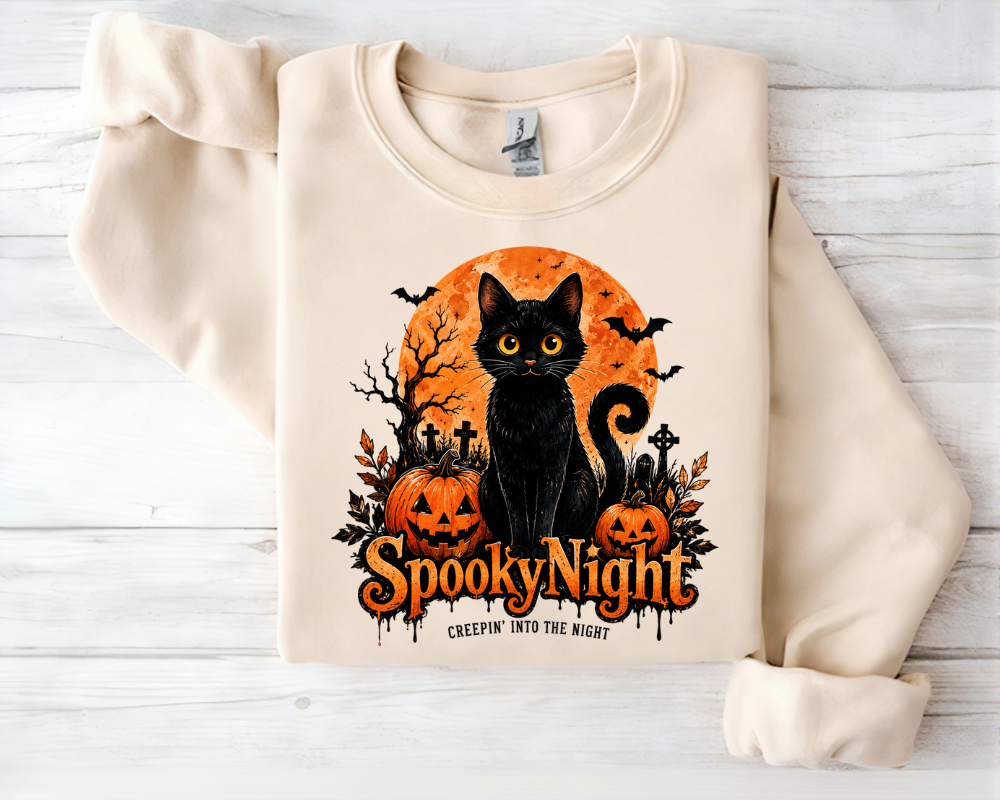 Spooky Night Black Cat Halloween Sweatshirt, Pumpkin Crewneck, Gift for Cat Lovers