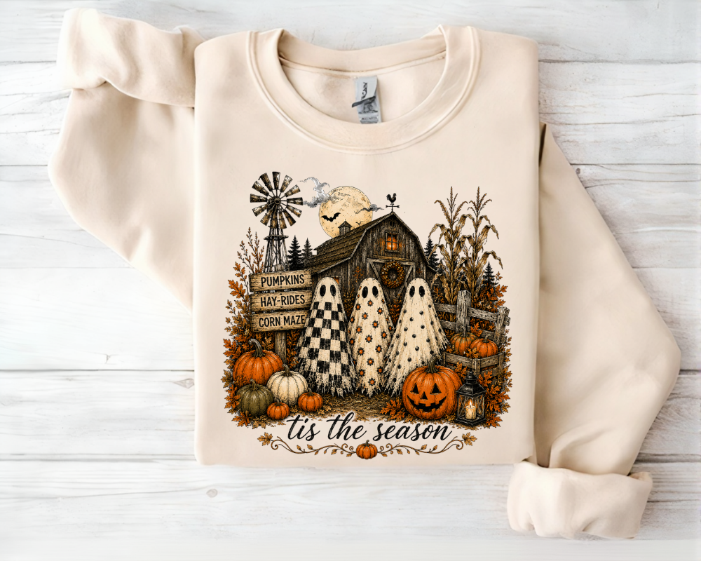 'Tis The Season Farmhouse Halloween Sweatshirt, Pumpkin Ghost Crewneck, Cute Ghost Fall Shirt, Spooky Season Sweatshirt