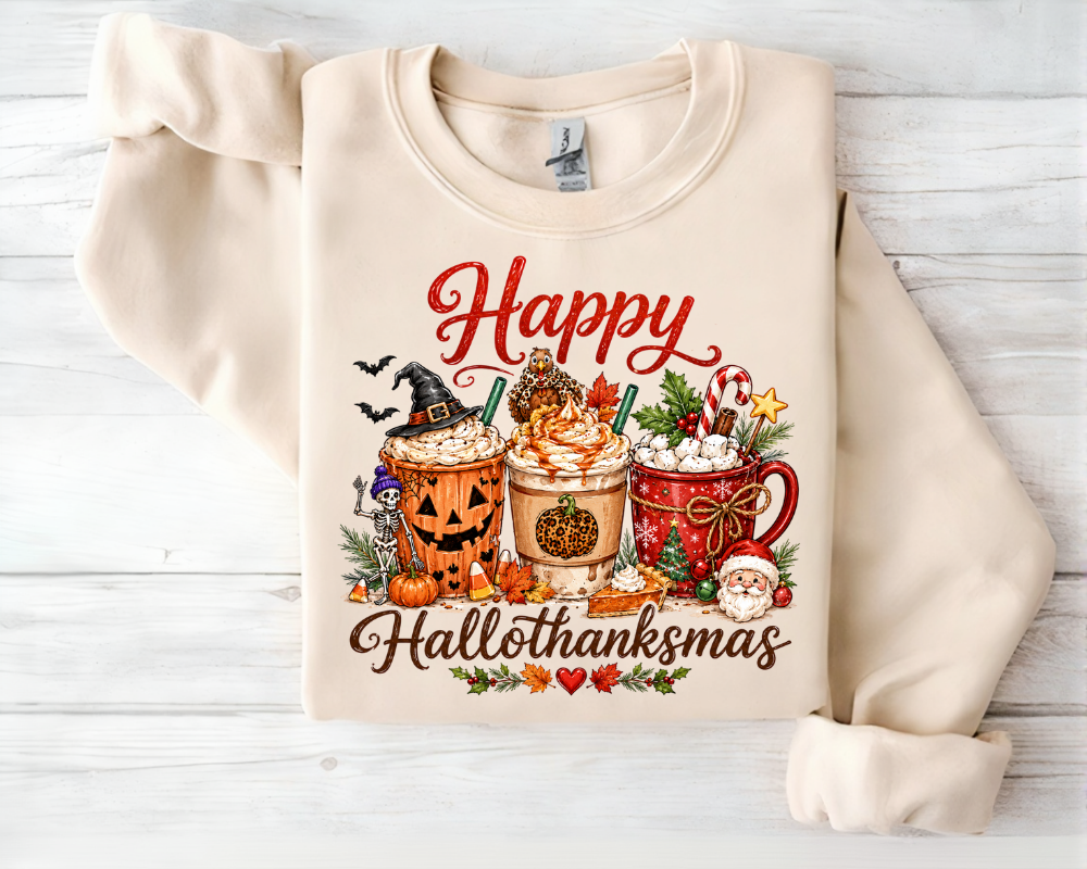 Happy Hallothanksmas Sweatshirt, Halloween Thanksgiving Christmas Sweatshirt, Holiday Coffee Graphic Crewneck, Pumpkin Spice Fall Winter Sweatshirt, Cute Holiday Gift for Women