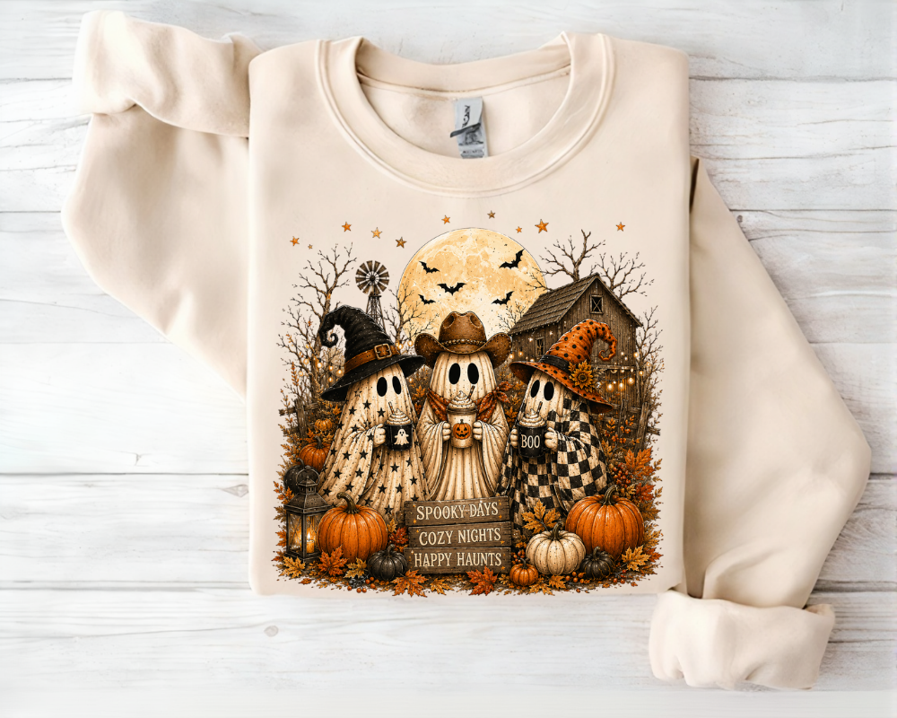 Cozy Ghost Halloween Sweatshirt, Spooky Season Crewneck, Cute Ghost Fall Sweatshirt, Pumpkin Patch Farmhouse Shirt, Autumn Halloween Gift for Women
