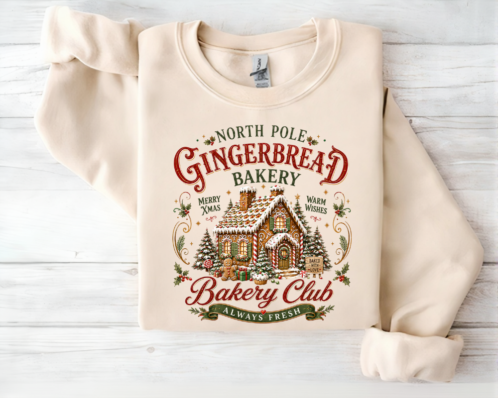 North Pole Gingerbread Bakery, Cozy Christmas Sweatshirt, Gingerbread House Holiday Crewneck, Vintage Christmas Graphic Shirt, Baking Lover Gift