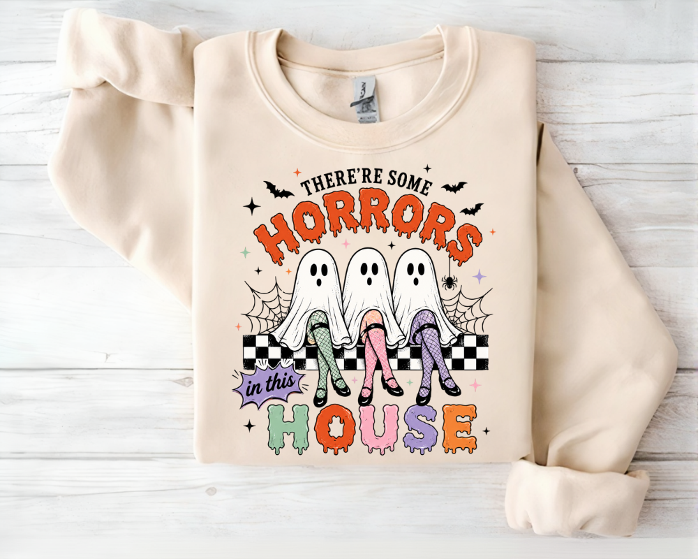 There's Some Horrors In This House Halloween Sweatshirt, Cute Ghost Trio Crewneck, Retro Coquette Spooky Season Pullover, Funny Ghost Graphic Sweatshirt, Halloween Gift for Women