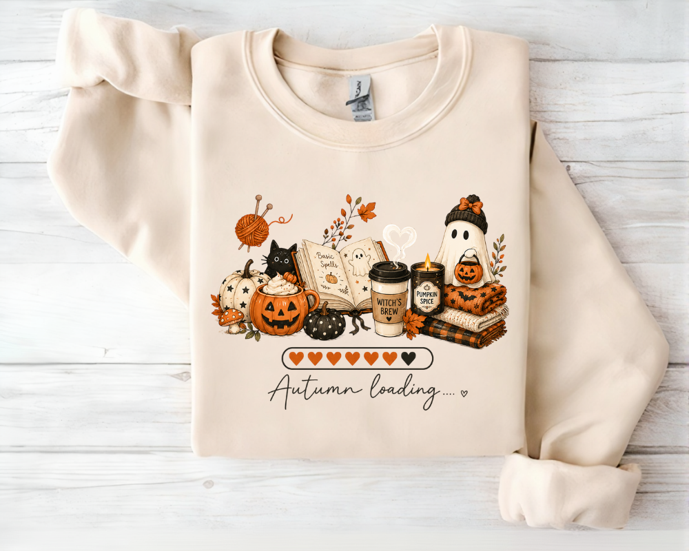 Autumn Loading Halloween Sweatshirt, Cozy Fall Ghost Pumpkin Crewneck, Cute Black Cat Coffee Graphic Pullover, Spooky Season Sweatshirt, Fall Gift for Women