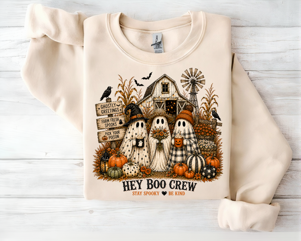 Hey Boo Crew Sweatshirt, Cute Ghost Halloween Sweatshirt, Spooky Season Crewneck, Pumpkin Patch Fall Shirt, Cozy Autumn Gift for Women
