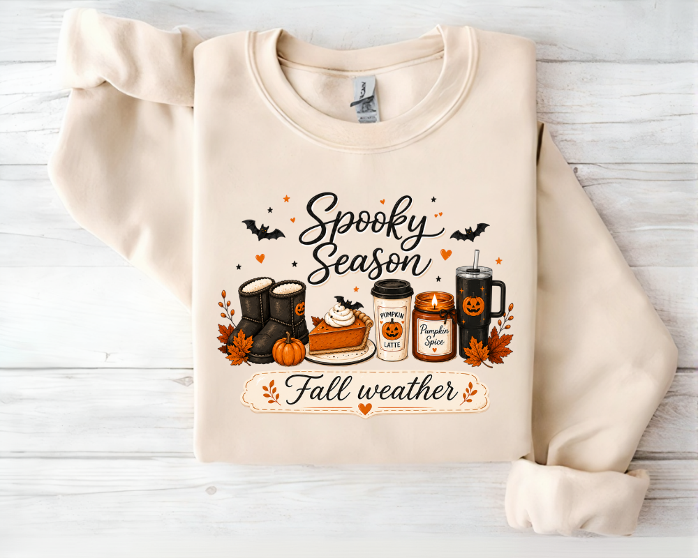 Spooky Season Fall Weather Sweatshirt, Pumpkin Spice Coffee Crewneck, Cozy Autumn Halloween Sweatshirt, Cute Fall Gift for Women