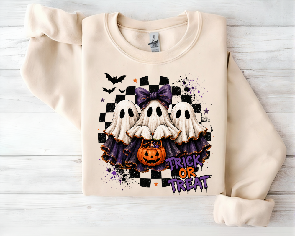 Cute Ghost Halloween Sweatshirt, Trick or Treat Crewneck, Coquette Ghost Sweatshirt, Spooky Season Shirt, Halloween Gift for Women