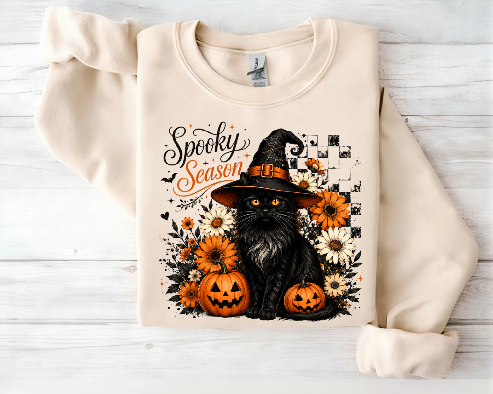 Spooky Season Halloween Sweatshirt, Witch Black Cat Crewneck, Gift for Cat Lovers