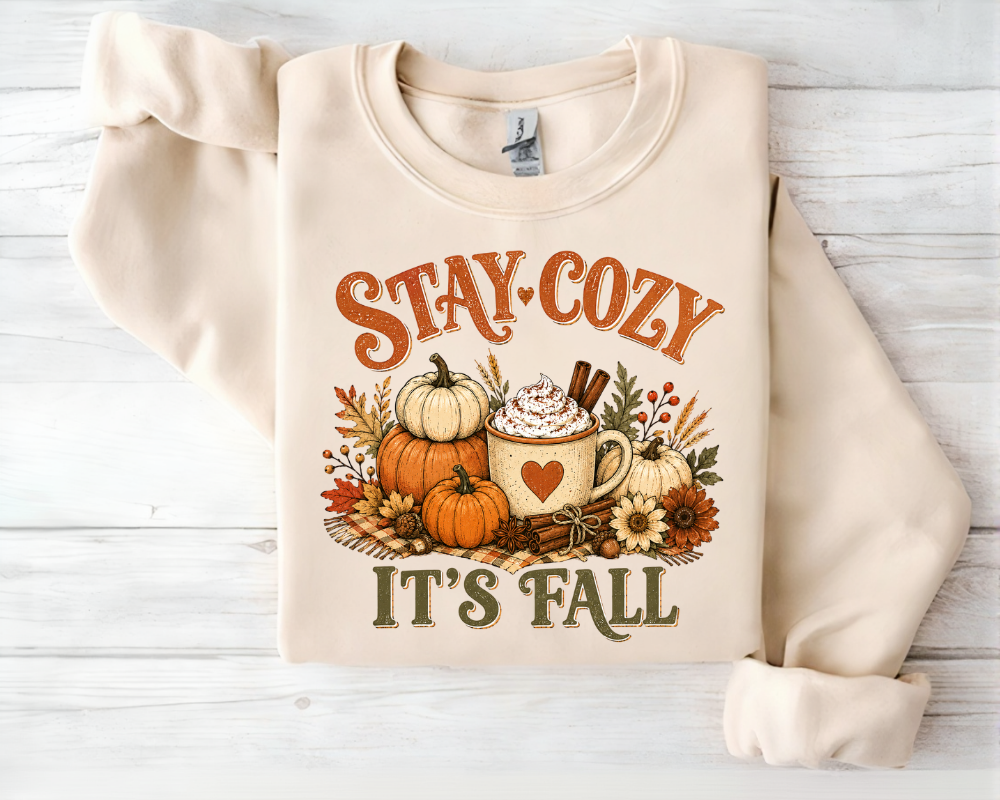 Stay Cozy It's Fall Sweatshirt, Cozy Autumn Pumpkin Crewneck, Fall Coffee Graphic Pullover, Cute Thanksgiving Sweatshirt, Fall Gift for Women