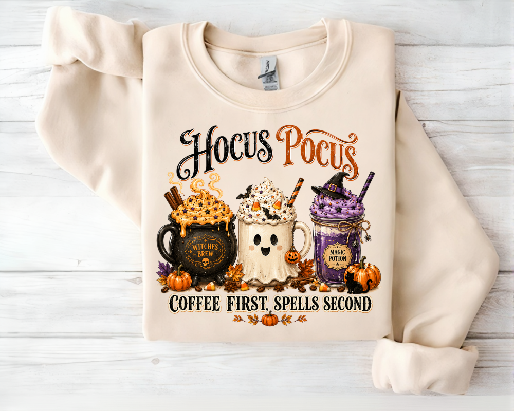 Hocus Pocus Sweatshirt, Halloween Coffee Sweatshirt, Witch Coffee Shirt, Coffee First Spells Second Graphic Crewneck, Pumpkin Spice Fall Sweatshirt, Cute Halloween Gift for Coffee Lovers