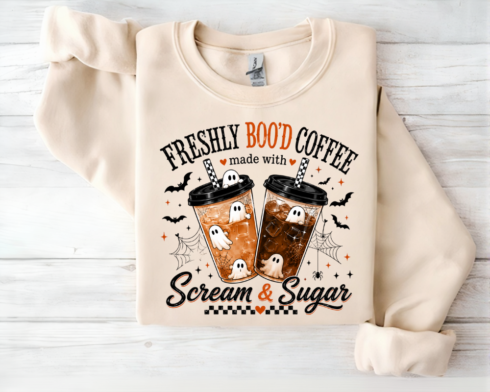 Freshly Boo'd Coffee Halloween Sweatshirt, Ghost Coffee Shirt, Spooky Season Crewneck, Coffee Lover Gift for Women