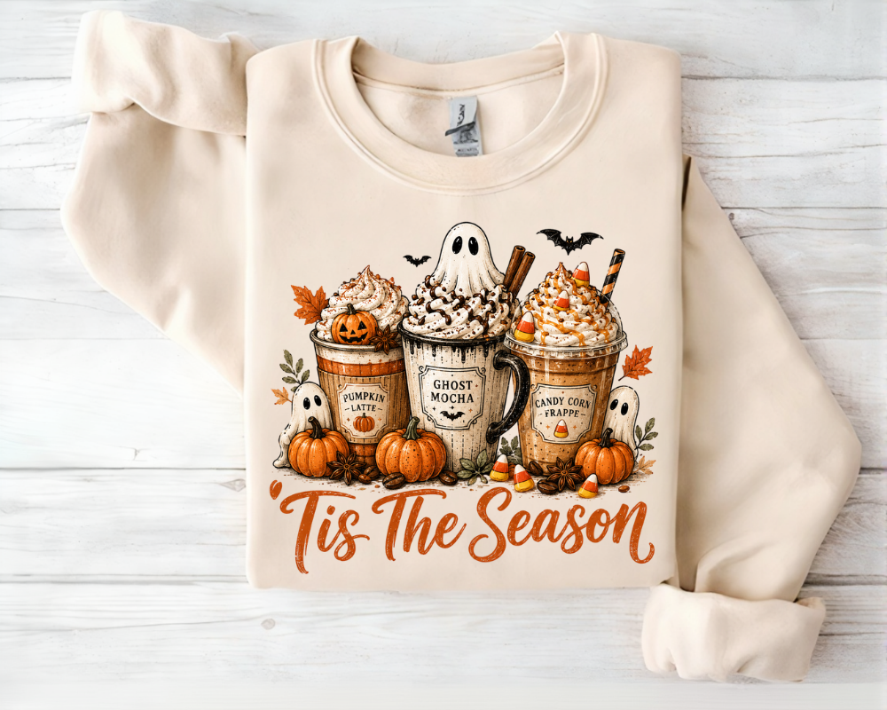 Tis The Season Ghost Halloween Sweatshirt, Ghost Coffee Sweatshirt, Pumpkin Spice Latte Shirt, Fall Coffee Sweater, Halloween Coffee Lover Gifts