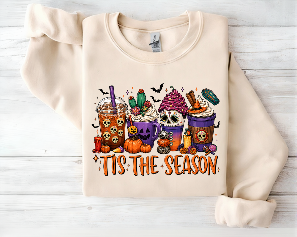 Tis The Season Halloween Coffee Sweatshirt, Spooky Season Crewneck, Pumpkin Spice Coffee Lover Shirt, Vintage Fall Graphic Pullover, Halloween Gift for Women