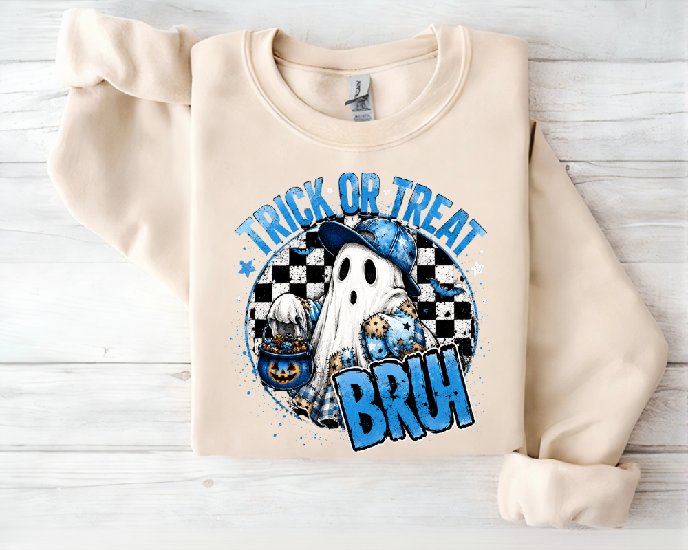 Trick or Treat Bruh Sweatshirt, Funny Ghost Halloween Sweatshirt, Spooky Season Crewneck, Cute Blue Ghost Shirt, Halloween Gifts