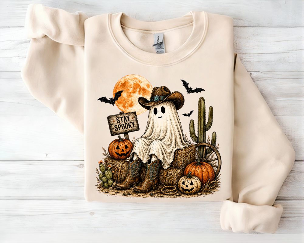Western Ghost Sweatshirt, Cowgirl Halloween Crewneck, Stay Spooky Pumpkin Shirt, Cute Cowboy Ghost Fall Sweatshirt, Country Halloween Gift for Women