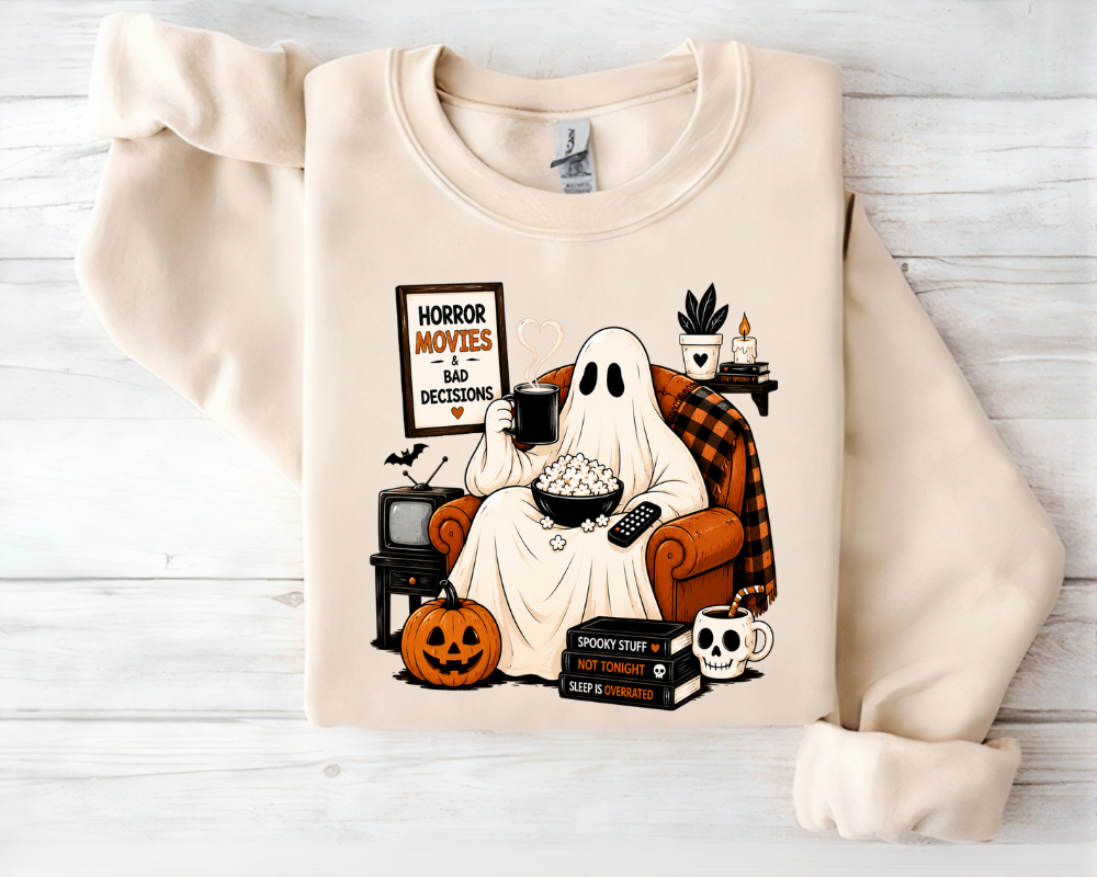 Horror Movies & Bad Decisions Halloween Sweatshirt, Spooky Season Ghost Movie Night, Gift for Women