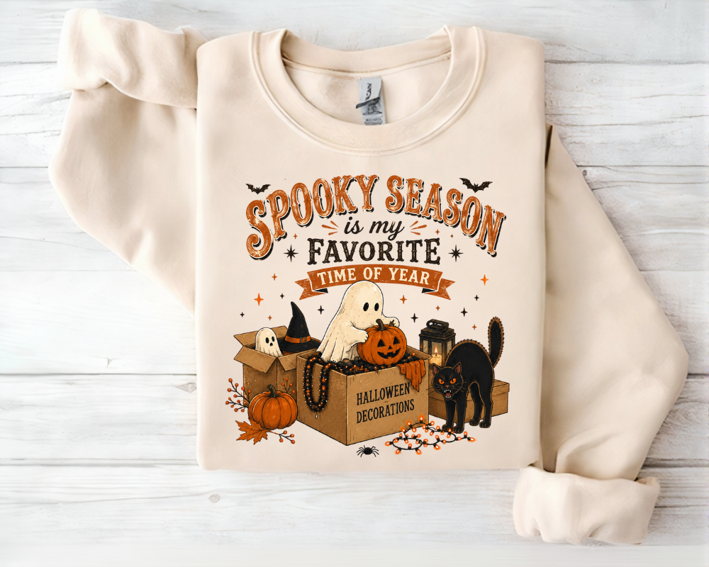 Spooky Season Is My Favorite Time of Year Halloween Sweatshirt, Cute Ghost Pumpkin Crewneck, Black Cat Fall Graphic Pullover, Cozy Autumn Halloween Gift for Women