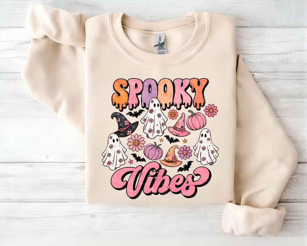 Halloween Sweatshirt, Cute Ghost Sweater, Spooky Vibes Vintage Fall Sweatshirt, Halloween Gift for Women