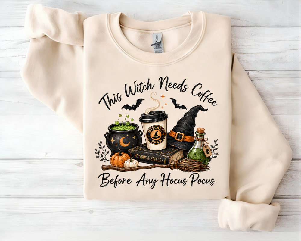 This Witch Needs Coffee Halloween Sweatshirt, Witch Coffee Shirt, Spooky Season Crewneck, Hocus Pocus Gift for Coffee Lovers