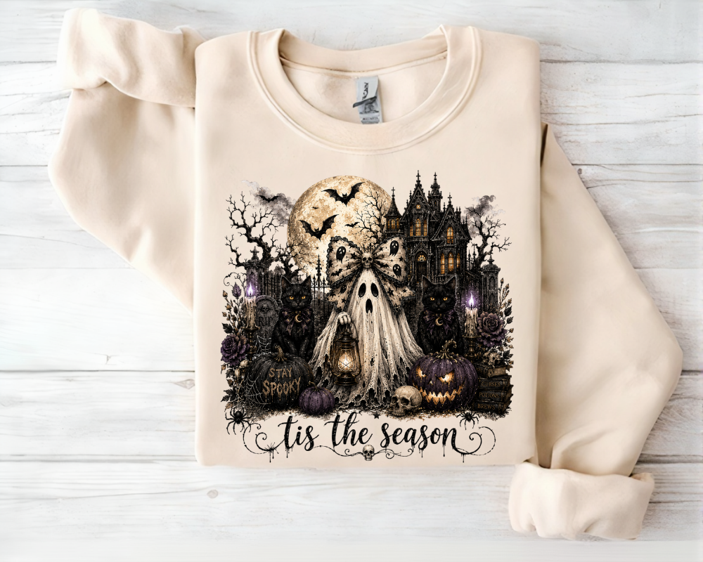 'Tis the Season - Gothic Halloween Ghost Sweatshirt, Haunted House Black Cat Shirt, Spooky Season Graphic Crewneck, Dark Halloween Gift