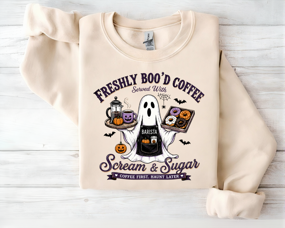 Freshly Boo'd Coffee Halloween Sweatshirt, Ghost Barista Crewneck, Spooky Coffee Lover Gift for Women