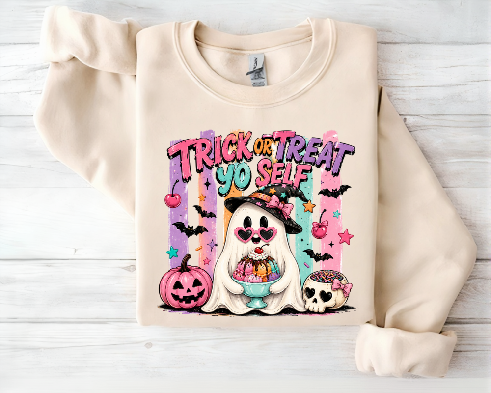 Trick or Treat Yo Self - Ghost Halloween Sweatshirt, Cute Ghost Shirt, Funny Halloween Sweatshirt, Women's Halloween Crewneck, Spooky Season Sweatshirt