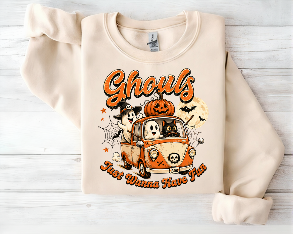 Ghouls Just Wanna Have Fun, Vintage Halloween Ghost Sweatshirt, Cute Spooky Season Shirt, Retro Fall Graphic Crewneck, Halloween Road Trip Gift