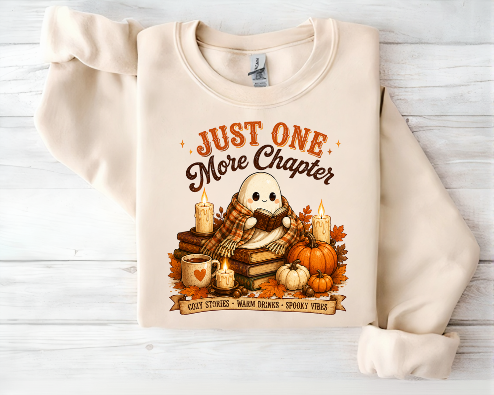 Just One More Chapter Halloween Sweatshirt, Cute Ghost Reading Crewneck, Cozy Fall Book Lover Sweatshirt, Pumpkin Autumn Graphic Pullover, Reader Gift for Women