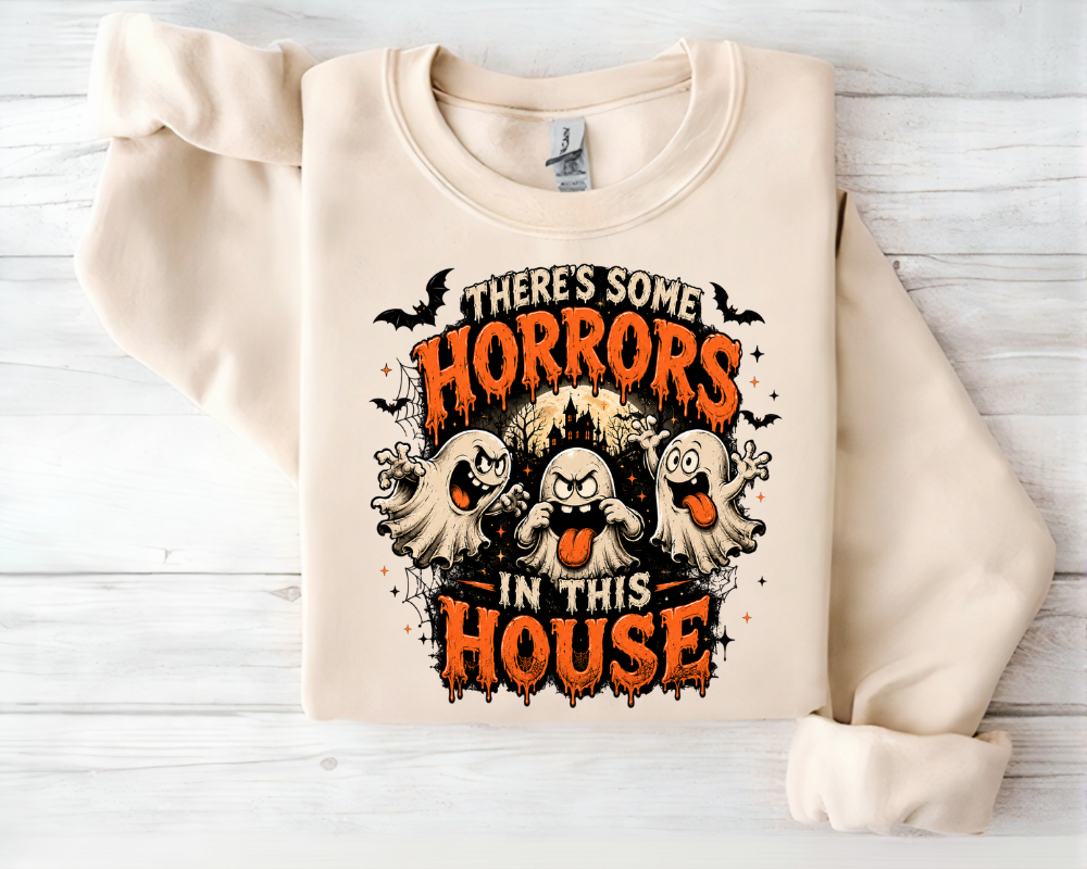 There's Some Horrors in This House - Halloween Ghost Sweatshirt, Funny Spooky Ghost Graphic Crewneck, Cute Haunted House Fall Pullover, Halloween Party Costume Gift, Spooky Season Gift for Women