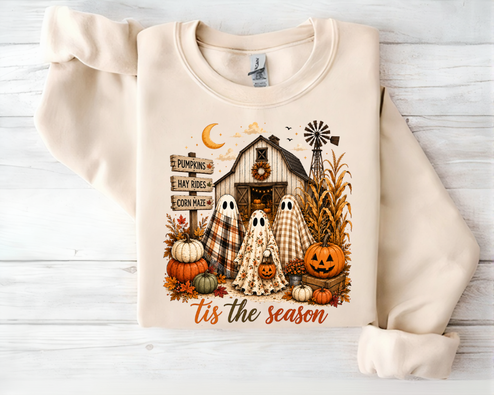 'Tis the Season, Spooky Season Sweatshirt, Ghost Pumpkin Patch Crewneck, Gift for Halloween Lovers