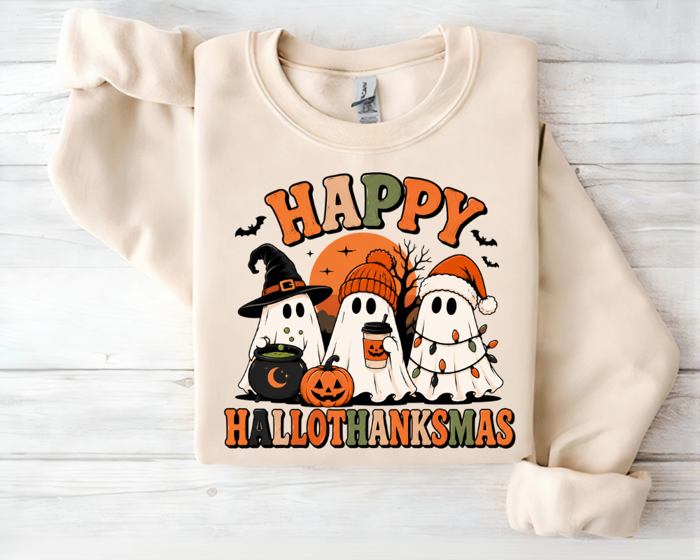 Happy Hallothanksmas Sweatshirt, Holiday Ghost Hoodie, Halloween Thanksgiving Christmas Crewneck, Gift for Holiday Lovers