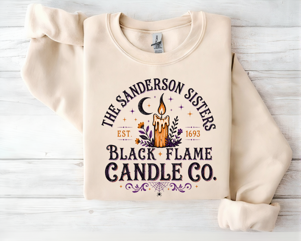 Black Flame Candle Co., Vintage Halloween Sweatshirt, Witchy Spooky Season Crewneck, Hocus Pocus Inspired Graphic Shirt, Fall Halloween Gift for Women