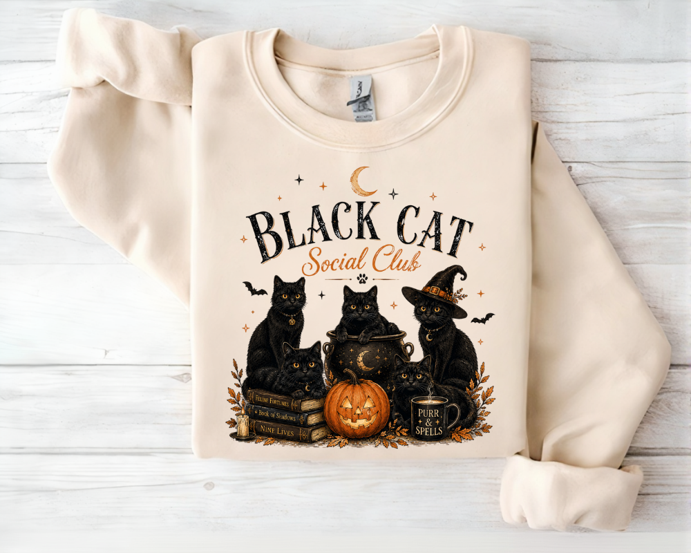 Black Cat Social Club Halloween Sweatshirt, Cozy Magic Cat Crewneck, Gift for Cat Lovers