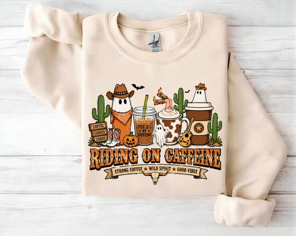 Riding On Caffeine Sweatshirt, Western Halloween Ghost Coffee Crewneck, Cowgirl Coffee Shirt, Cute Fall Coffee Lover Gifts