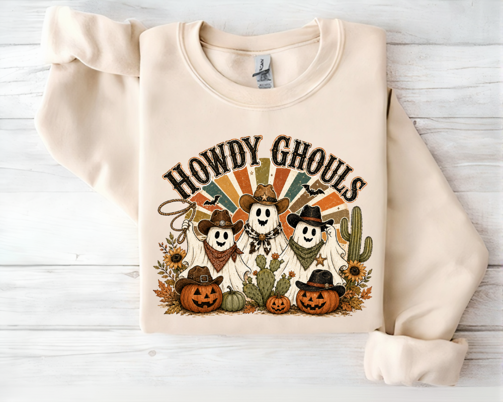 Howdy Ghouls Ghost Halloween Sweatshirt, Western Halloween Shirt, Cowboy Cowgirl Halloween Crewneck, Western Fall Sweater