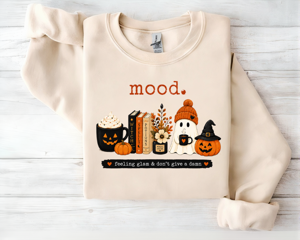 Mood Halloween Sweatshirt, Cute Ghost Pumpkin Coffee Crewneck, Cozy Fall Graphic Sweatshirt, Spooky Book Lover Pullover, Autumn Gift for Women