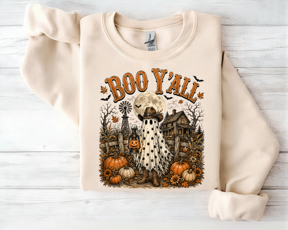 Boo Y'all Ghost Sweatshirt, Western Halloween Crewneck, Cowgirl Ghost Shirt, Pumpkin Patch Fall Sweatshirt