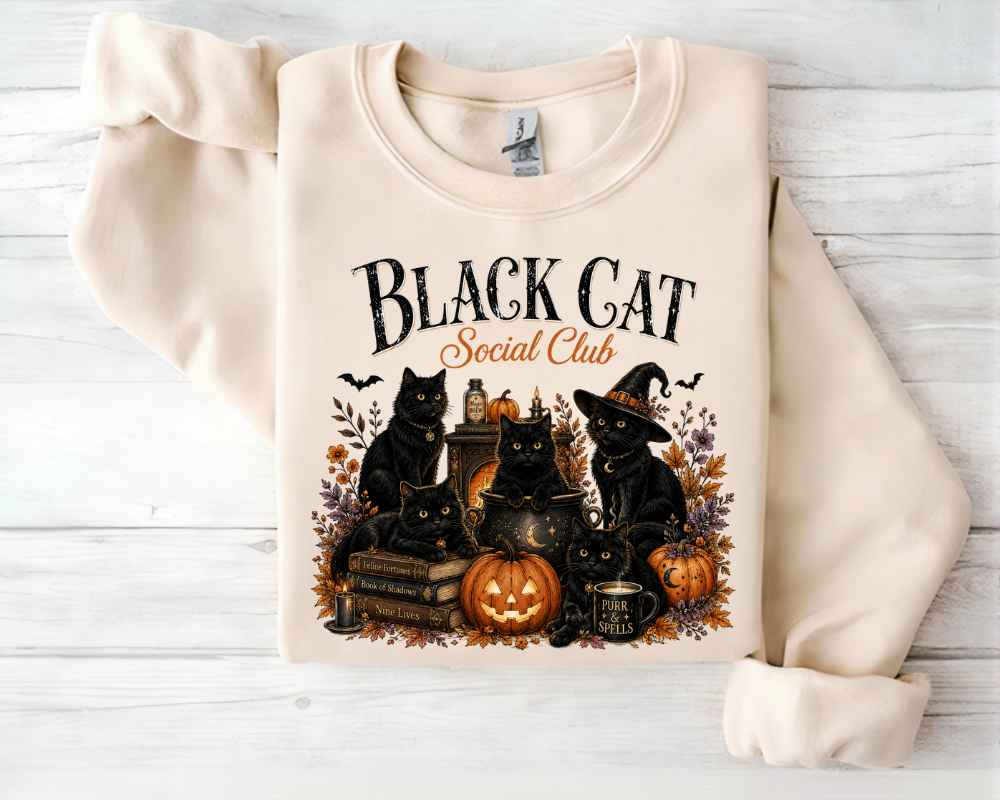 Black Cat Social Club Halloween Sweatshirt, Witch Cat Crewneck, Gift for Cat Lovers