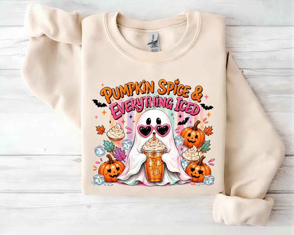 Pumpkin Spice & Everything Iced Ghost Halloween Sweatshirt, Cute Ghost Coffee Crewneck, Pumpkin Spice Latte Sweater, Halloween Coffee Lover Gifts