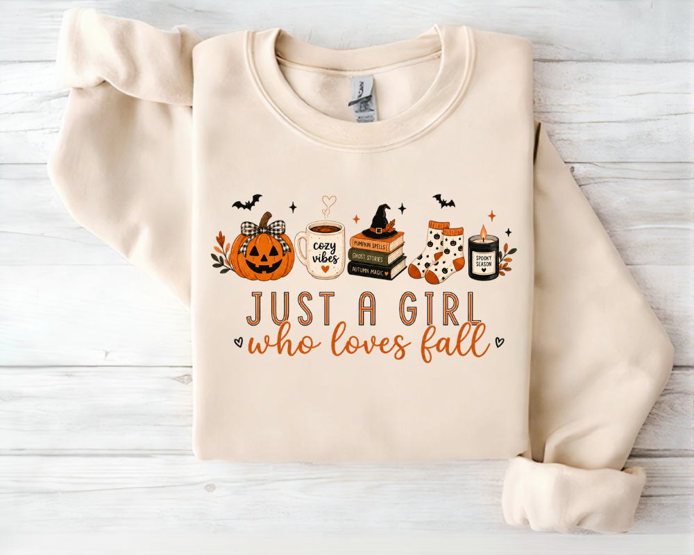 Just A Girl Who Loves Fall Sweatshirt, Cozy Fall Coffee Crewneck, Pumpkin Halloween Graphic Sweatshirt, Autumn Lover Pullover, Cute Fall Gift for Women
