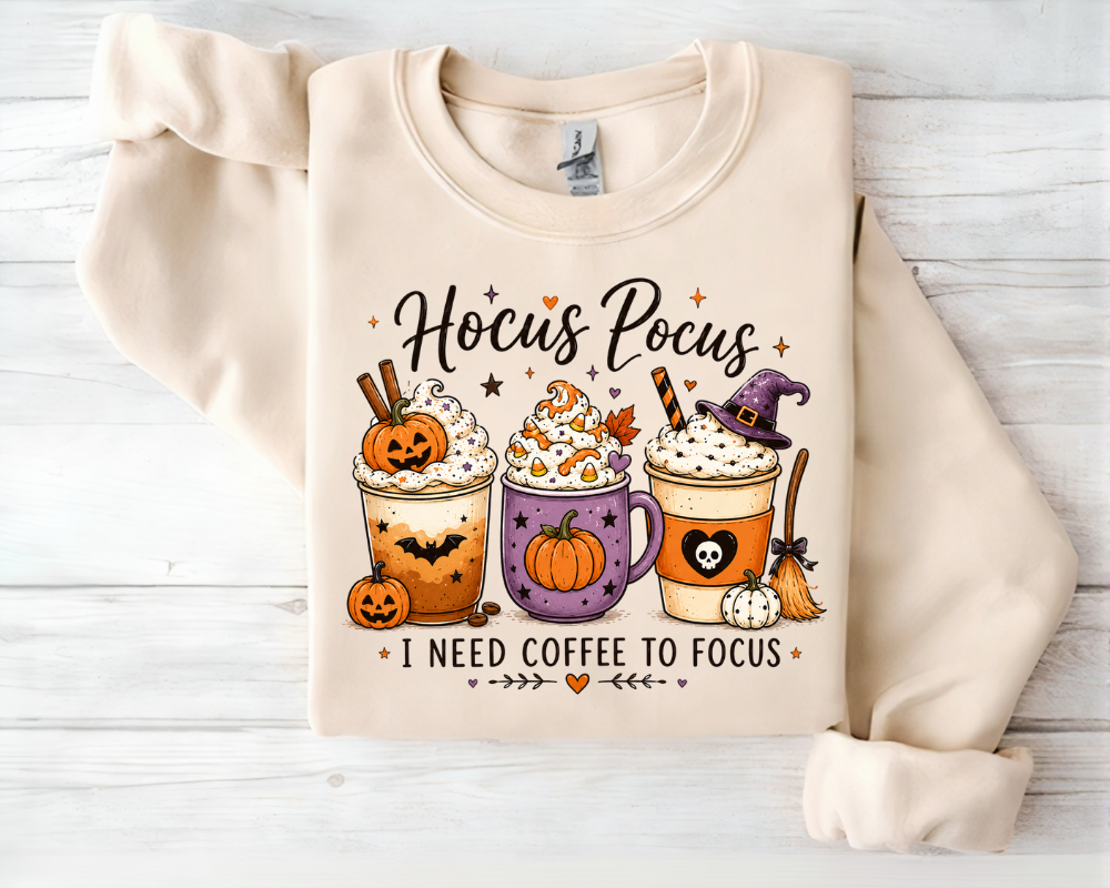 Hocus Pocus Halloween Sweatshirt, Coffee Lover Crewneck, I Need Coffee To Focus
