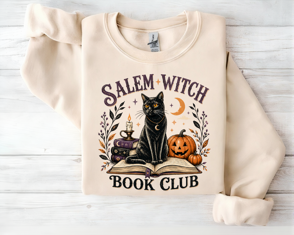 Salem Witch Book Club, Black Cat Halloween Sweatshirt, Vintage Spooky Season Crewneck, Witchy Book Lover Gift, Fall Graphic Pullover