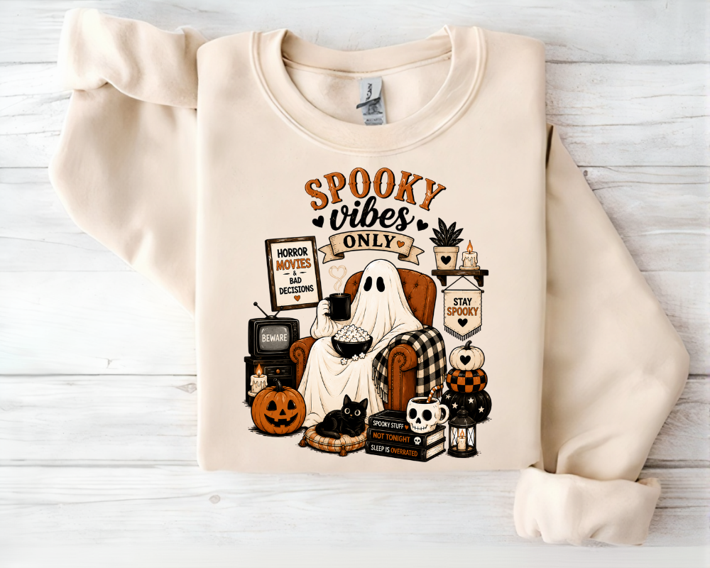 Spooky Vibes Only Halloween Sweatshirt, Cute Ghost Crewneck Sweatshirt, Cozy Fall Hoodie, Halloween Pumpkin Black Cat Sweatshirt, Gift for Women
